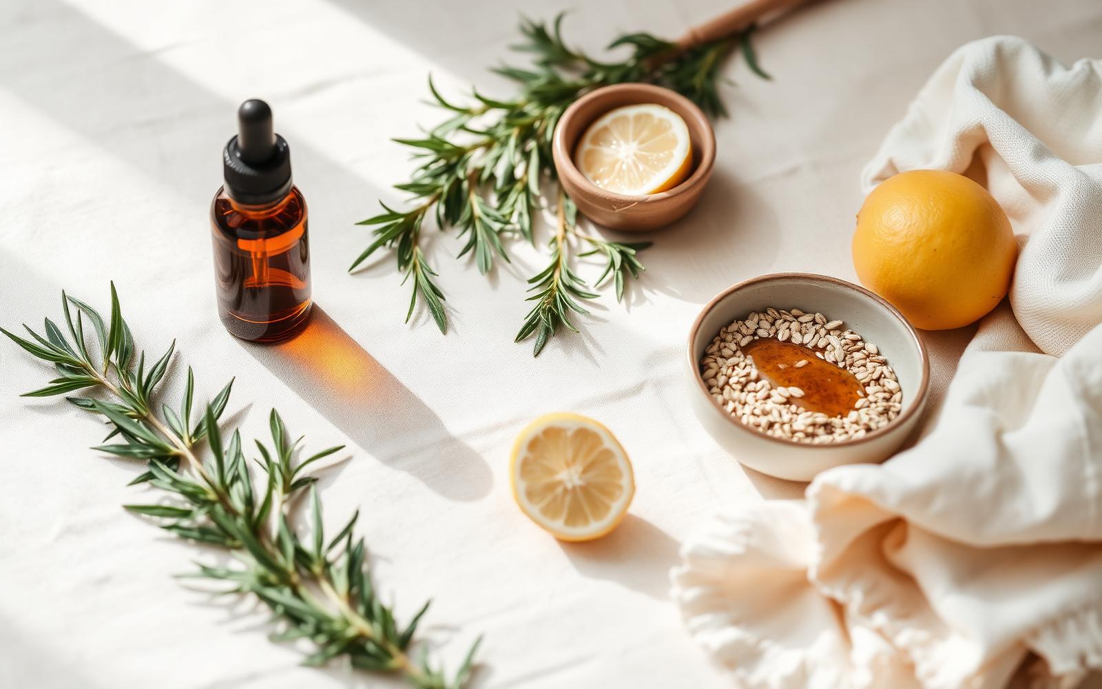 A quiet flatlay of natural skincare ingredients — rosemary, lemon, honey and oats, and an amber dropper bottle on cream linen.