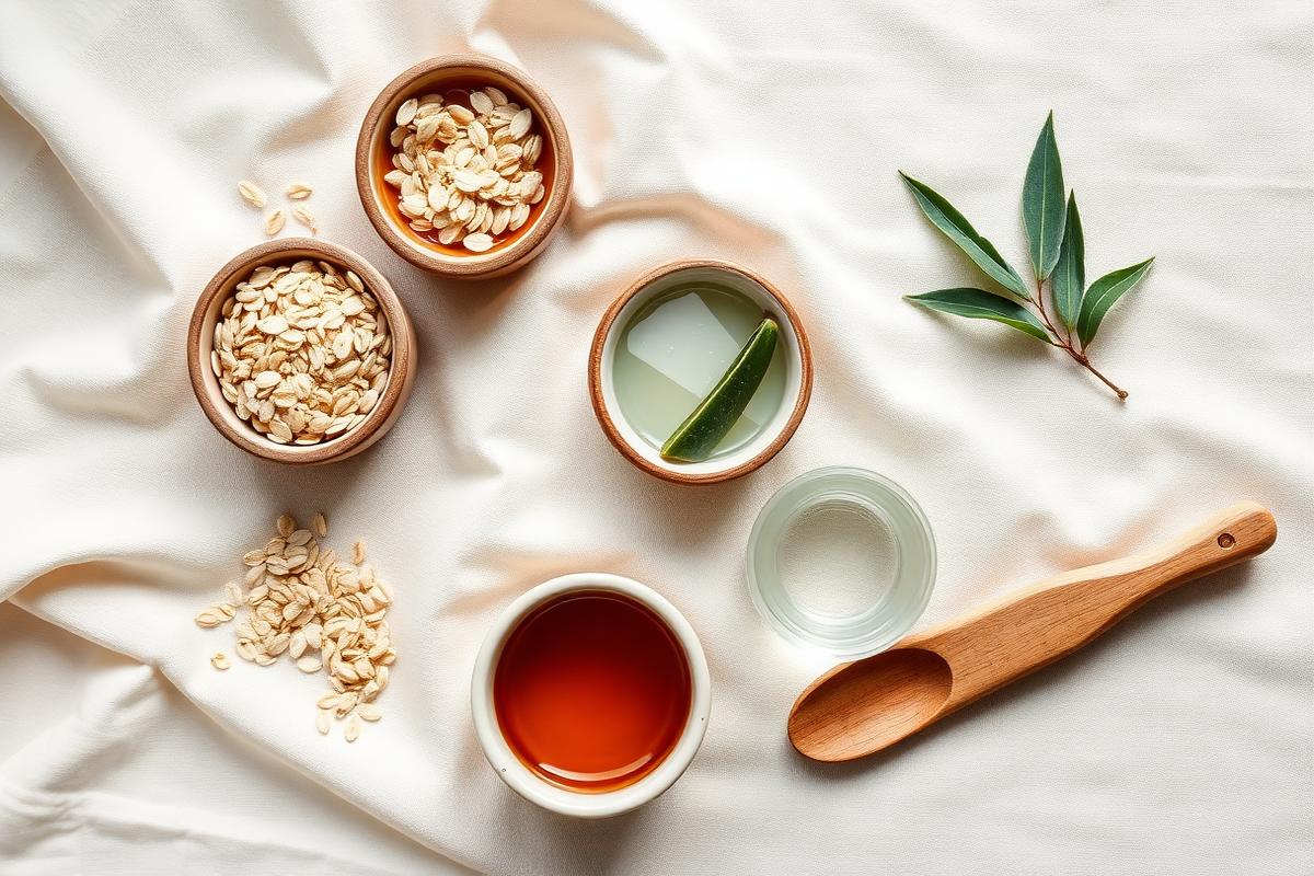 Overhead flatlay of oats, honey, aloe, rosewater and a wooden spoon on cream linen.