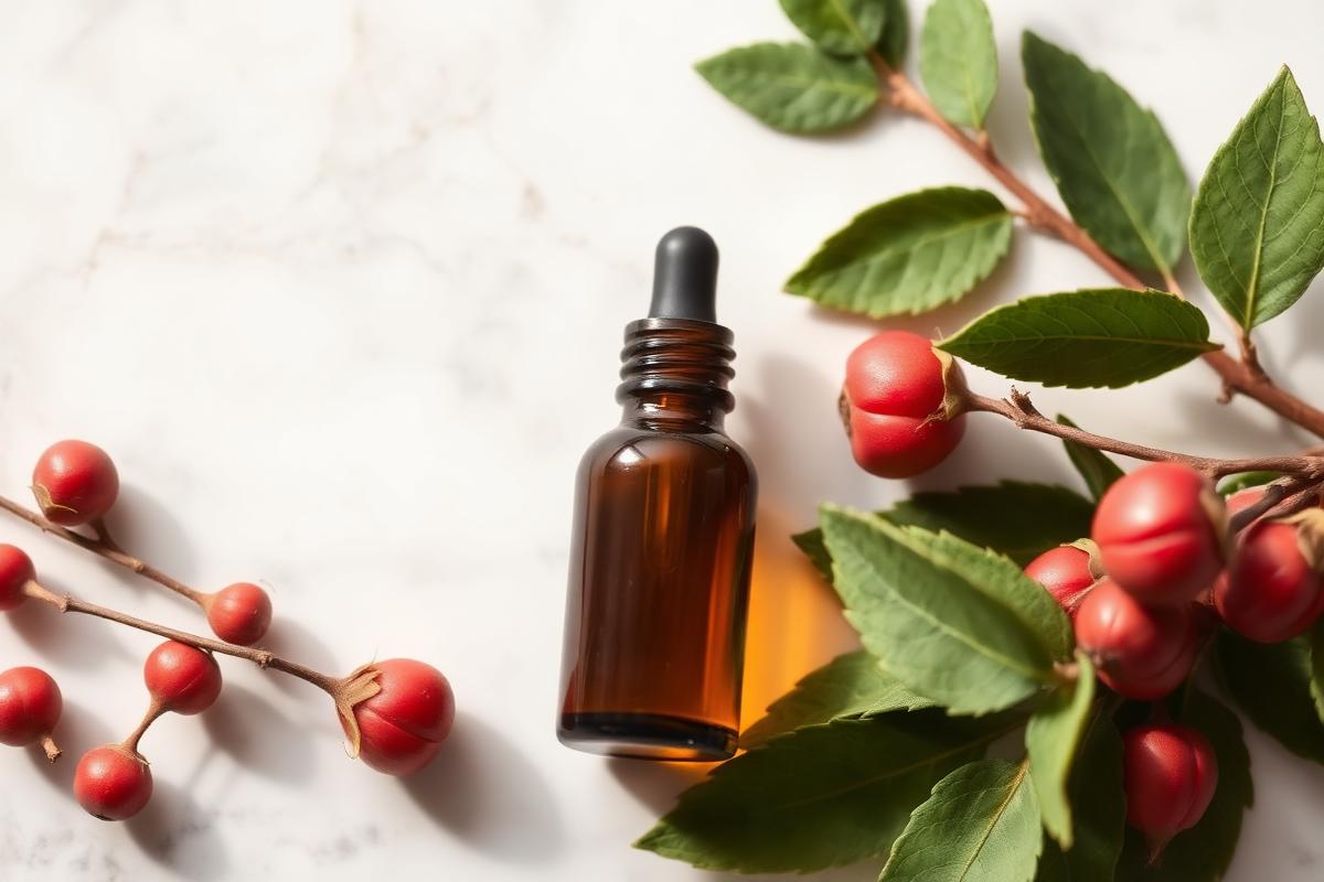 Amber dropper bottle of facial oil beside rosehips and green leaves on marble.